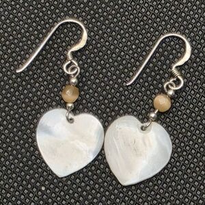 White Mother-of-Pearl Shell Heart Drop Earrings with Beige Accent Signed MC 925